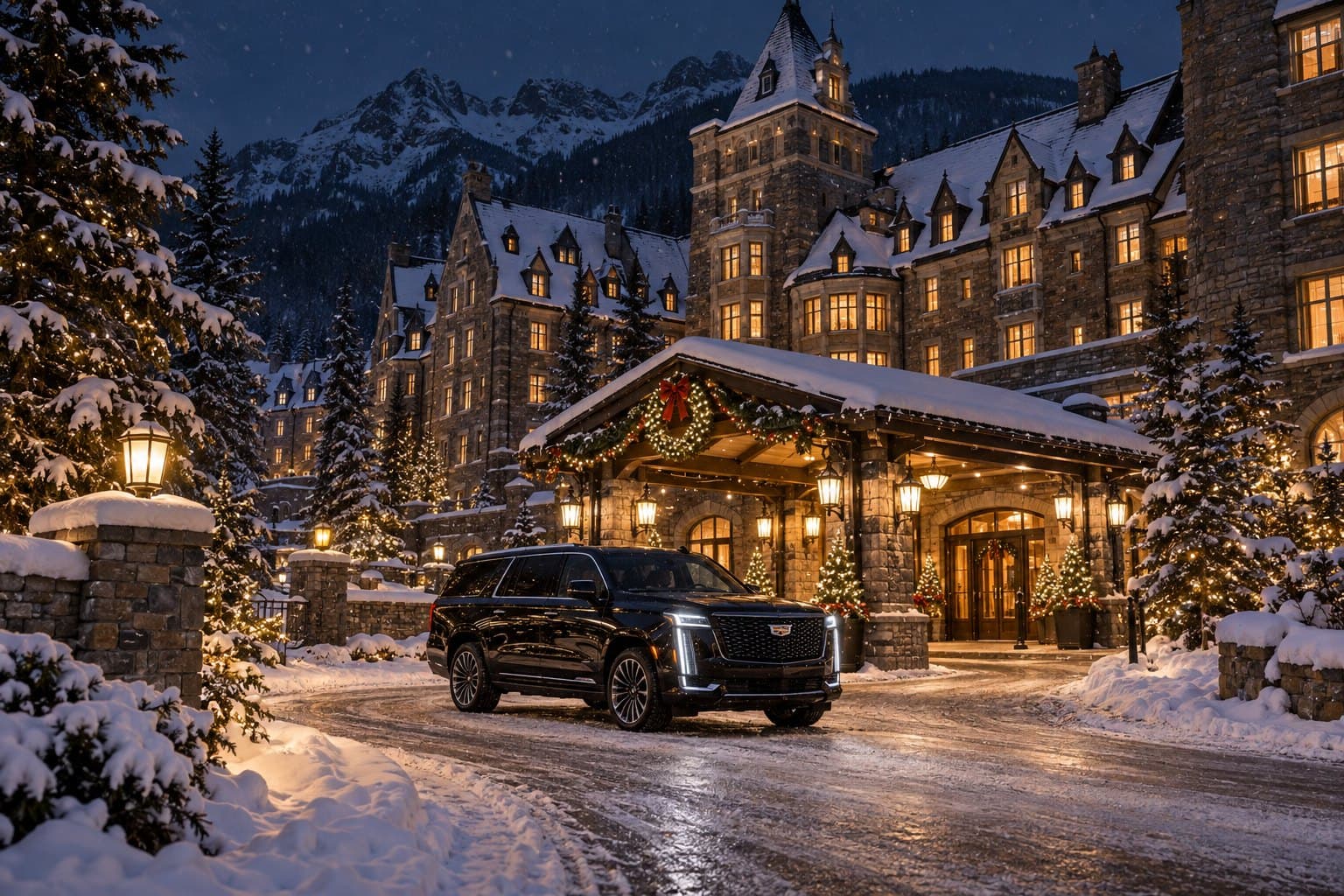 A black Cadillac Escalade at the entrance of a castle-like stone mountain hotel decorated for the holidays on a snowy night.