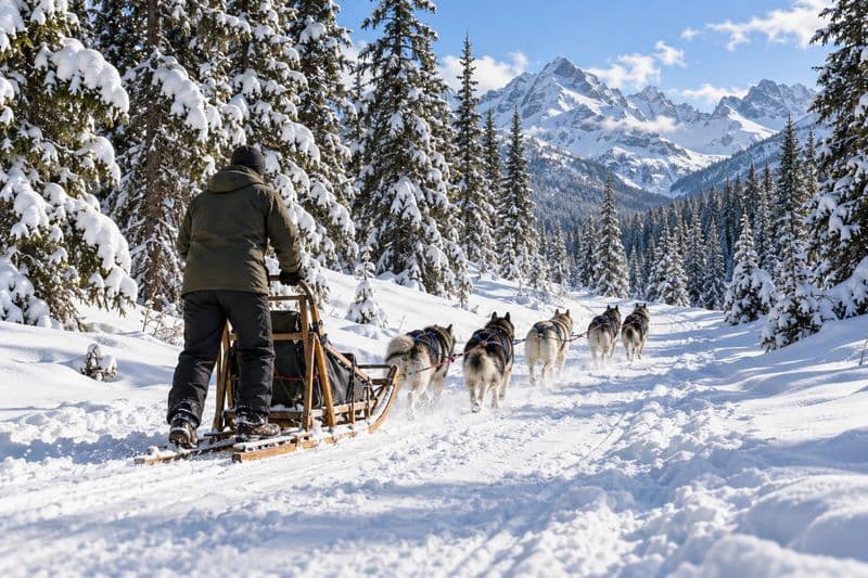 A musher seen from behind riding a wooden dog sled pulled by a team of huskies along a snowy forest trail, snow-laden pines and peaks ahead.