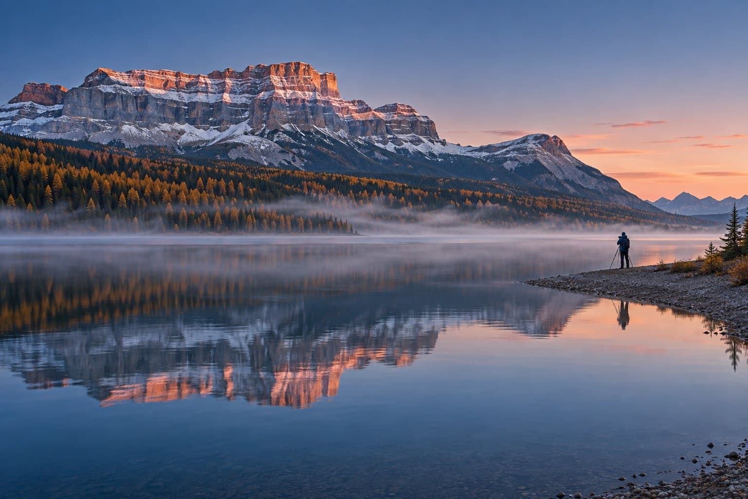 A photographer with a tripod on the shore of a still mountain lake at sunrise, mist on the water, golden larches and a limestone peak lit pink and reflected in the lake.