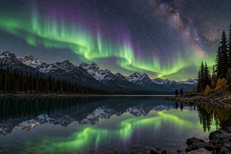 Green and violet northern lights and the Milky Way over a still mountain lake, reflected in the water, two people with a tripod on the shore.